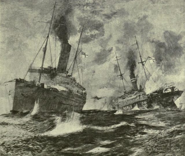 A painting of the battle. Greif on the right, is already aflame, but still sending shells and torpedoes towards Alacantara, on left.