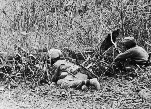 Sikhs of the 7th Indian Division at an observation post in the Ngakyedauk Pass, February 1944.