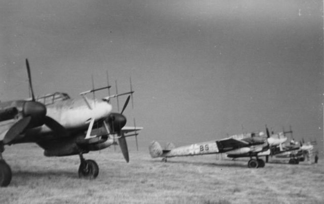 German WW2 Messerschmitts, with antennae visible at the front.