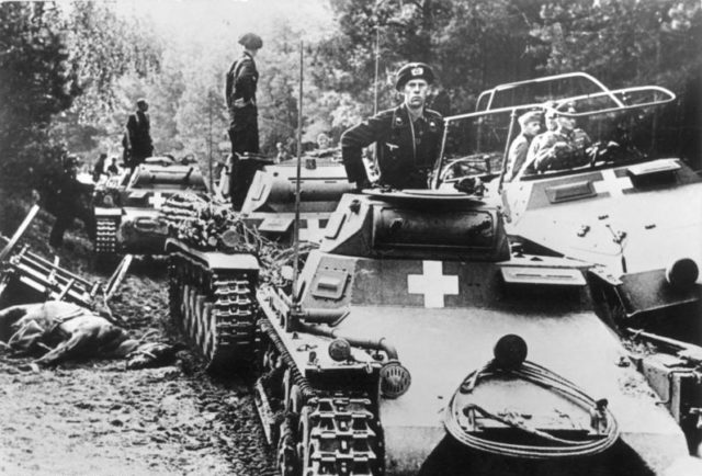 German armored vehicles in Poland. The man in the command vehicle is possibly Guderian.