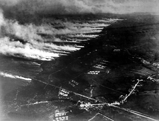 French soldiers making a gas and flame attack on German trenches in Flanders. Belgium. (Army) Exact Date Shot Unknown NARA FILE #: 111-SC-10879 WAR & CONFLICT BOOK #: 642