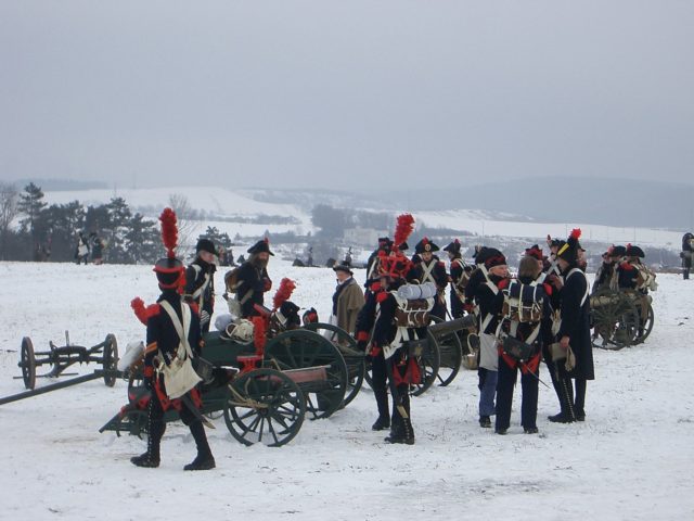 French Napoleonic artillery battery during the 200th-anniversary reenactment of the battle of Austerlitz.