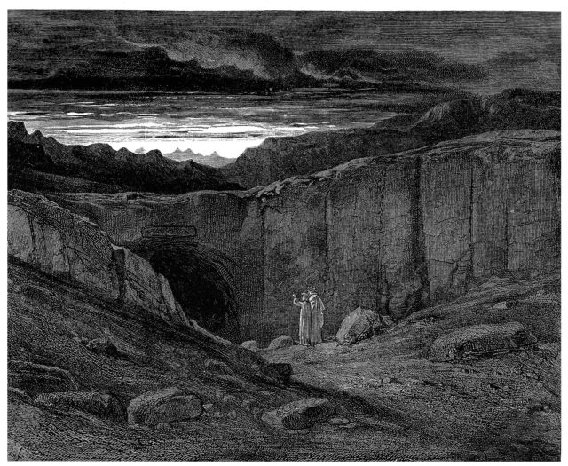 Gustave Doré’s illustration to Dante’s Inferno. The gate of Hell, 1857. “Abandon all hope ye who enter here.” The fantastical darkness and horror of Dante’s epic must have resonated with Gillespie on the front.