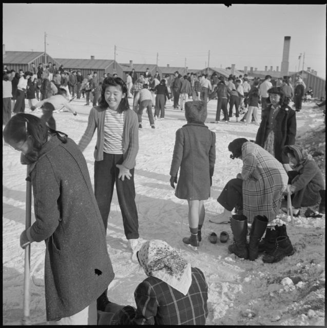 Japanese-Americans at the Heart Mountain Relocation Center in Wyoming on January 10, 1943.