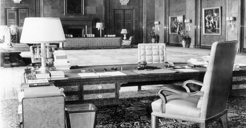  Hitler's private office.  <a href=https://commons.wikimedia.org/wiki/File:Bundesarchiv_Bild_183-H26035,_Berlin,_Neue_Reichskanzlei,_Arbeitszimmer_Hitlers.jpg>Photo Credit</a>