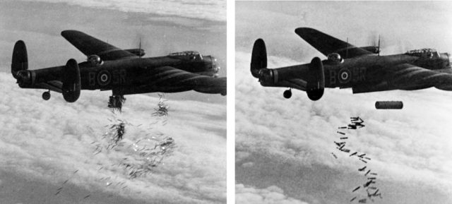 A Royal Air Force Avro Lancaster, dropping its load over Germany.
