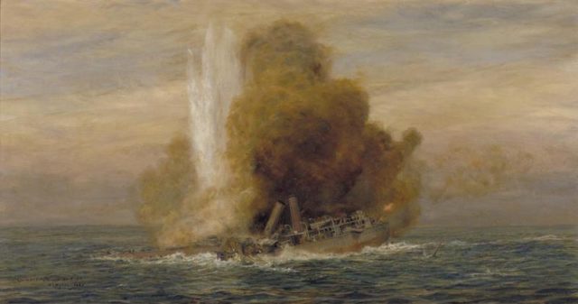 The sinking of HMS Pathfinder, the ship was racked by explosions before finally succumbing to the deep. 