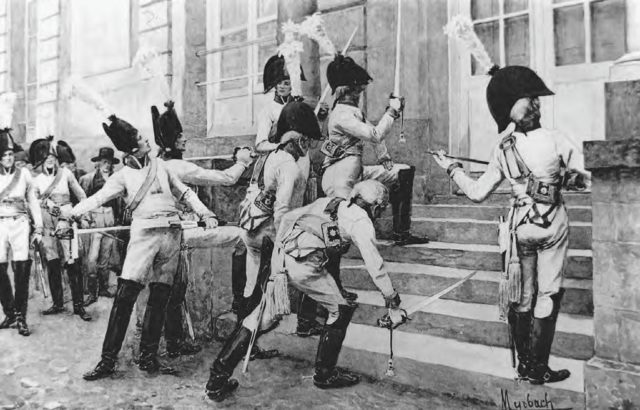Officers of the élite Prussian Gardes du Corps, wishing to provoke war, ostentatiously sharpen their swords on the steps of the French embassy in Berlin in the autumn of 1805.