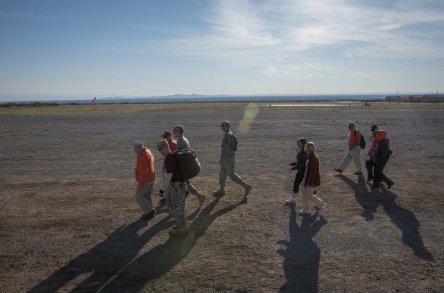 Retired U.S. Army Col. Ben Skardon, 98, leads the way across the high New Mexico desert of the White Sands Missile Range during the Bataan Memorial Death March, March 20, 2016. Skardon is the only survivor of the real march who walks in the memorial march. He has walked more than eight miles nine years in a row. Credit: U.S. Army photo by Staff Sgt. Ken Scar.