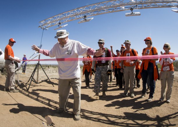 Retired U.S. Army Col. Ben Skardon, 98, a survivor of the Bataan Death March, crossed his own personal finish line after walking more than eight miles in the Bataan Memorial Death March at White Sands Missile Range, N.M., March 20, 2016. Credit: U.S. Army photo by Staff Sgt. Ken Scar.