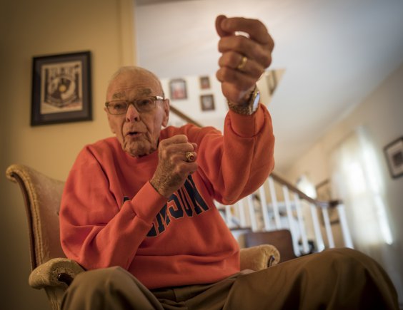 Former U.S. Army 1st Lt. William H. Funchess, 89, who endured 34 months as a prisoner of war during the Korean War, describes how he fired and M1 carbine rifle as he and his platoon fought until they were overwhelmed and taken captive by Chinese soldiers, Sept. 21, 2016. Credit: U.S. Army photo by Staff Sgt. Ken Scar.