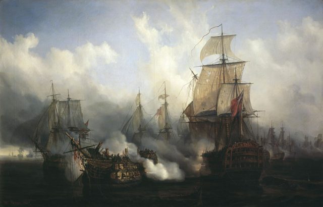 Cannons roar during the Battle of Trafalgar. 