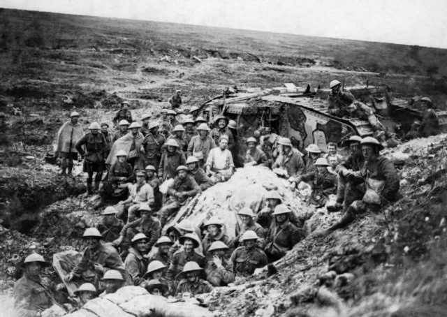 Troops with tank at Flers–Courcelette, where Eden served. After the battle here, he wrote to his mother “I have seen things lately that I am not likely to forget”