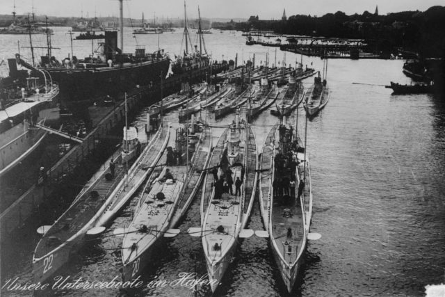 German U-Boats in Kiel. in 1914. SM U-21 is in the far right in the front row.