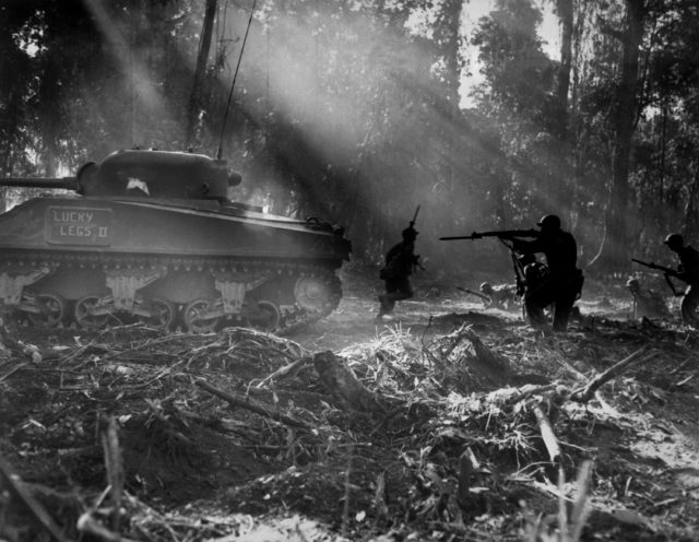 US Army soldiers hunting down the Japanese on Bougainville Island during the Bougainville Campaign.