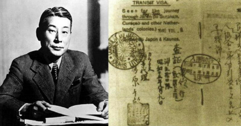 Left: Chiune Sugihara; Right: one of the handwritten transit visas issued by Sugihara