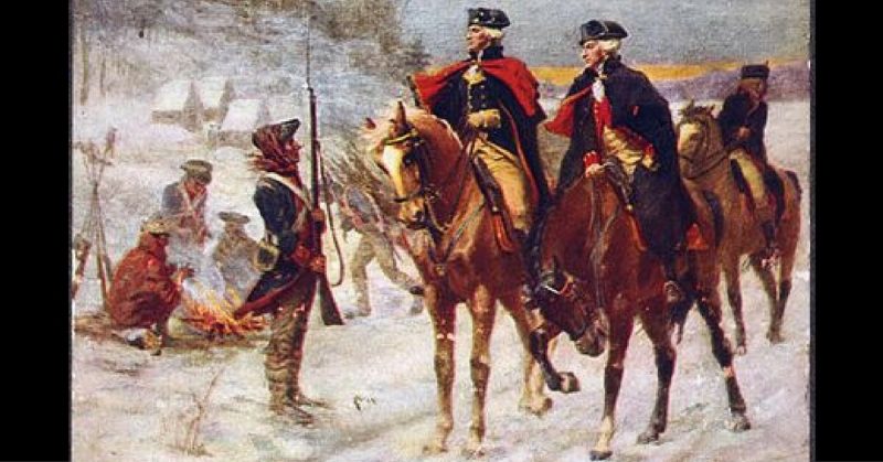 General Washington, ho set up the Culper Ring, looks over the troops at Valley Forge.