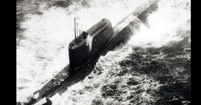 Hotel-II class submarine surfacing. 