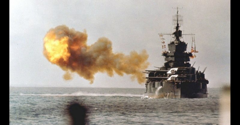 The battleship USS Idaho shells Okinawa on 1 April 1945.