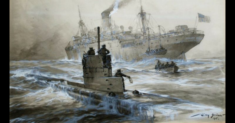 The sinking of the Linda Blanche, painting by Willy Stower. Another of U-21's victories. It was now a dangerous time to be on the waves.