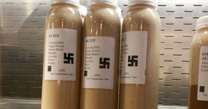 The Offending Smoothie. 
<a href=https://antisemitism.uk/nutzy-smoothie-with-swastika-branding-removed-from-sale-after-caa-intervenes>Photo Credit</a>