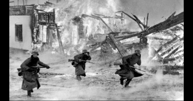 German infantry attacking through a burning Norwegian village, April 1940. Bundesarchiv - CC BY-SA 3.0 de