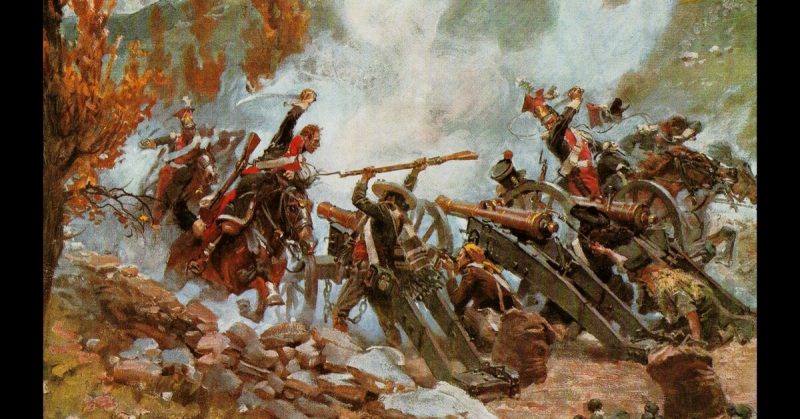 Cavalry charge in the valley of Somosierra.  Polish cavalry assail Spanish gunners. 