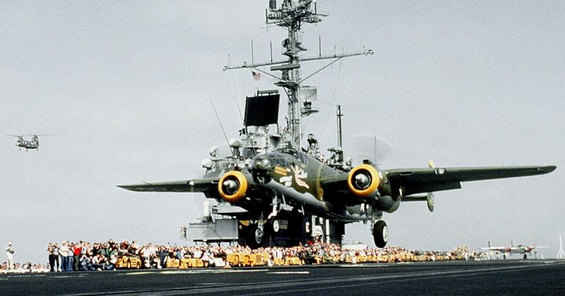 The restored World War II B-25 "Heavenly Body" takes off from the deck of Ranger
