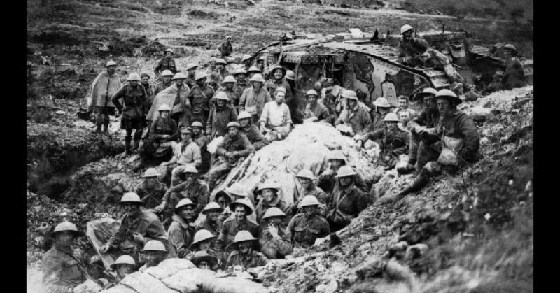 The Battle of Flers Courcelette: The Mark I tank (D 17) surrounded by some of the infantry from 122nd Brigade (41st Division) whom it led into eastern part of Flers on 15 September 1916.