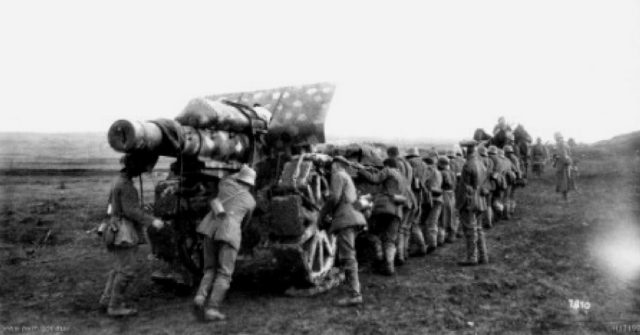 A german 21cm heavy howitzer being brought into position.