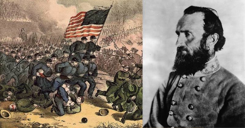 Left: Contemporary Illustration of the Second Battle of Bull Run. Right: Stonewall Jackson