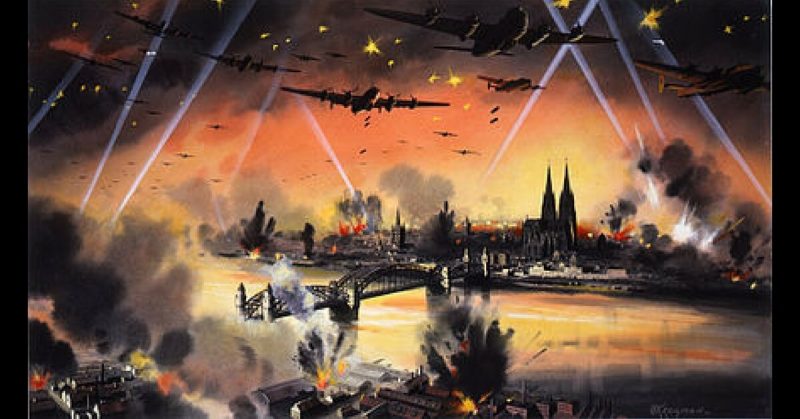 Official British war art imagining a bombing raid on Cologne. The city's cathedral is clearly visible. It survived the war, despite being hit dozens of times by Allied bombs.