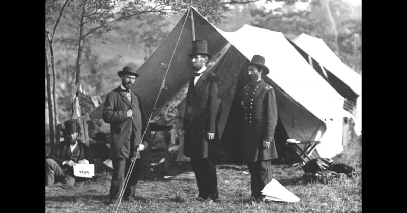 Abraham Lincoln, Allan Pinkerton and John Alexander McClernand, visiting the Antietam battlefield, 1862.