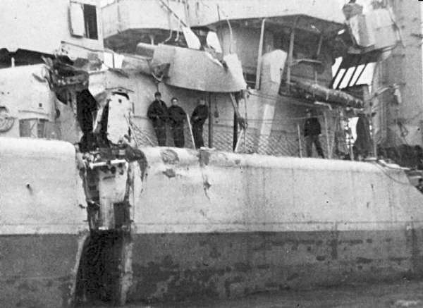 Battle Damage aboard the USS Endicott. Some sources cite this photo as being damage from a collision later in 1944