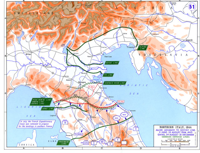 The Gothic Line, German's defensive position in central Italy, it halted Allied advances until it could finally be broken in August, 1944. 