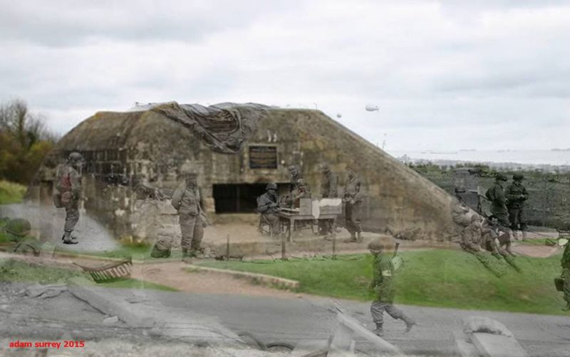 WN65:US engineers in control of Vallee du Ruquet German pillbox on Omaha Beach serving as a U.S. Army command post, during the early days of the invasion.Saint Laurent sur Mer, Exit E1 1944 – 2015 / By Adam Surrey / Ghosts of Time