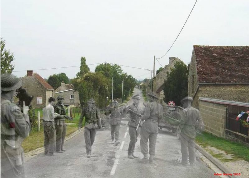 In the pocket: Major David V. Currie (left, with pistol in hand) of The South Alberta Regiment accepting the surrender of German troops at Saint-Lambert, August 1944 – 2015 / By Adam Surrey / Ghosts of Time