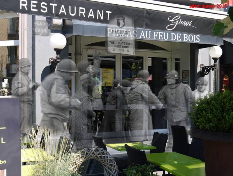 Now this is one I have done before,but this is a new version thanks to a great now photo from Oz Qadir – Relief:US troops meet at the corner of what is now Mcauliffe Place,Bastogne .1944 – 2015 / By Adam Surrey / Ghosts of Time