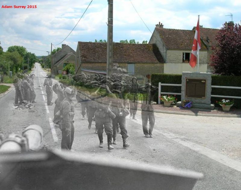 Turret view: Major David V. Currie of The South Alberta Regiment supervises the surrendered German troops  1944 – 2015 / By Adam Surrey / Ghosts of Time