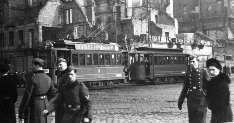 Intersection of Marszałkowska Street and Aleje Jerozolimskie Street in Warsaw during German occupation.