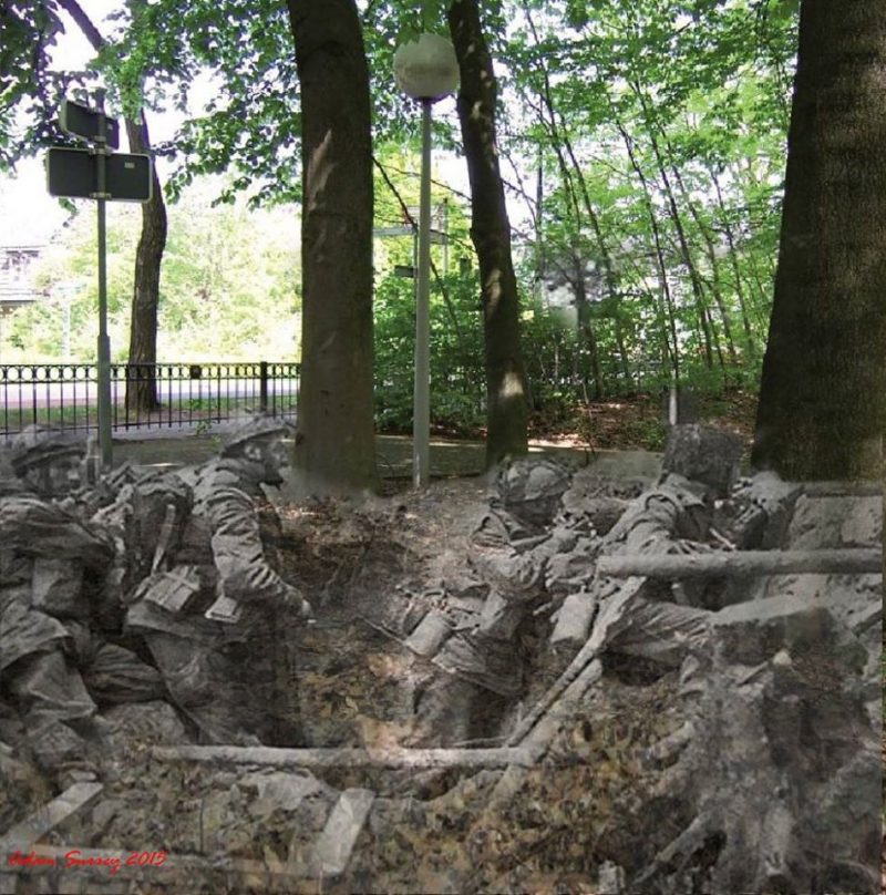 In the hole:Four men of the 1st Paratroop Battalion, British 1st Airborne Division, took cover in a shell hole at Wolfheze, near Arnhem, NetherlandsSeptember 1944 – 2015 (now photo Koos Winkelman ty) / By Adam Surrey / Ghosts of Time