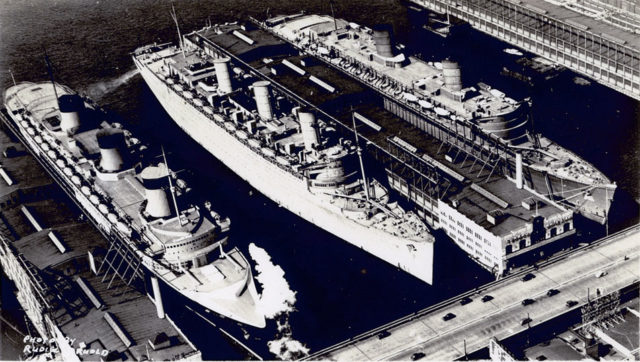 The three biggest ships in the world: Normandie, Queen Mary and Queen Elizabeth, 1940.