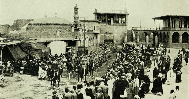 A photo of British troops entering Baghdad, 1917. George William Cawood died fighting in the Mesopotamian campaign. <a href=”URL TO IMAGE”>Photo Credit</a>