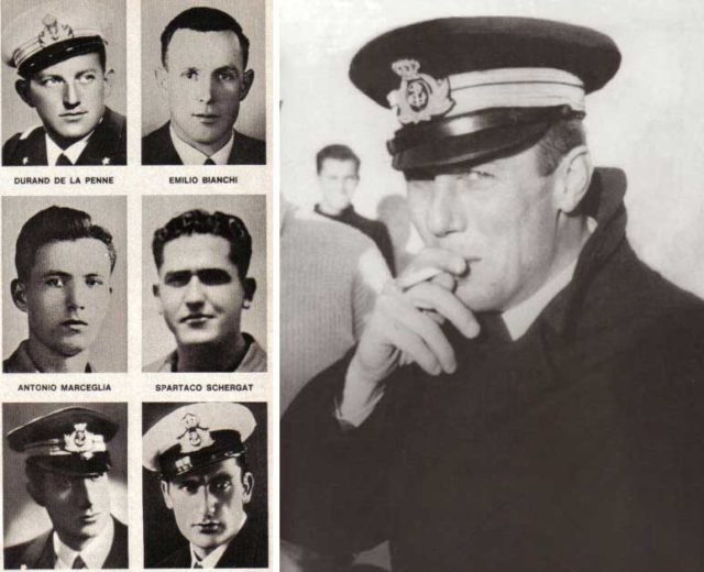 The six Gamma frogmen of the Raid on Alexandria (left); Junio Valerio Borghese, Captain of the Scirè (right).