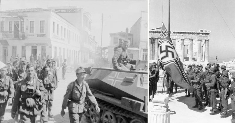 German soldiers in Greece after the occupation. Credits: <a href=https://commons.wikimedia.org/w/index.php?curid=5476322>Photo(left)</a>, <a href=https://commons.wikimedia.org/w/index.php?curid=5476326>Photo(right)</a>

