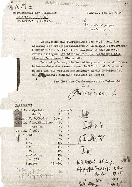 The first page of the Commissar Order, dated 6 June 1941. By Langec – CC BY 2.5