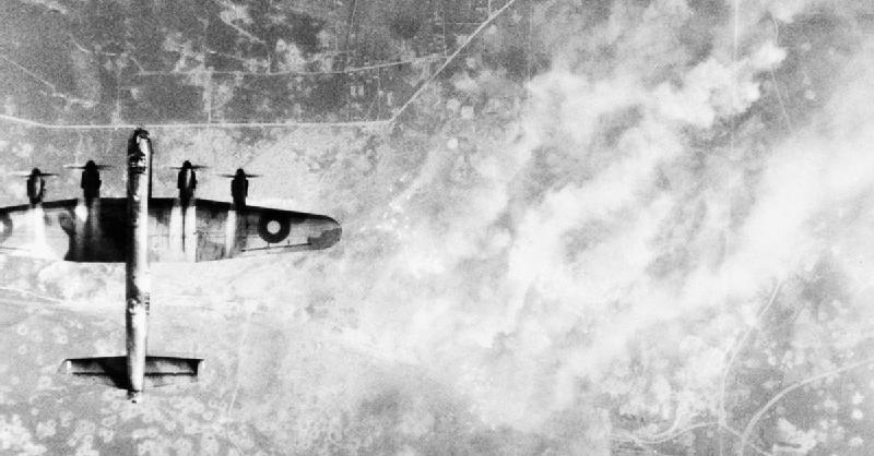  Lancaster over the German V-2 launch site at Wizernes, France.
