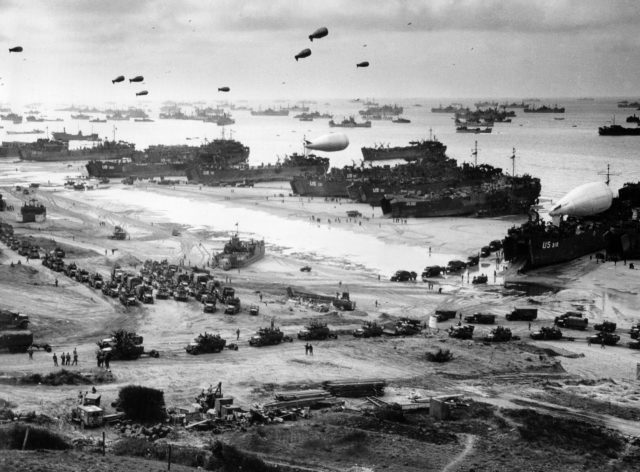 Allied troops landing on D-Day;