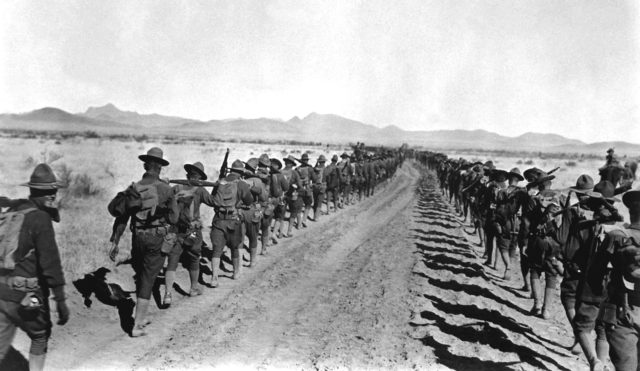 The long march back to the United States: American troops withdrawing from Mexico, having failed to capture Villa;