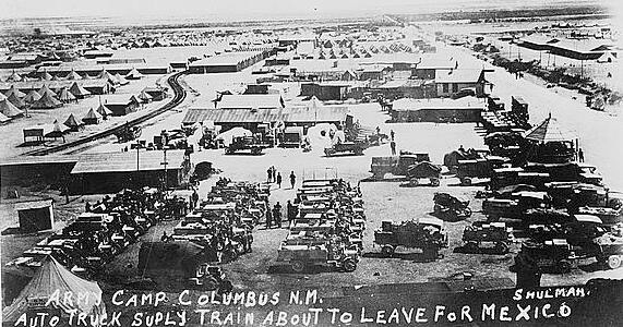 American troops and trucks prepare to head across the border, 1916;